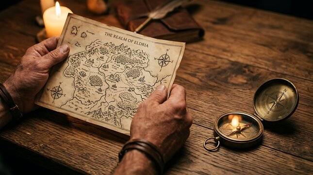 Man holding an old fantasy map with compass and candle on wooden table
