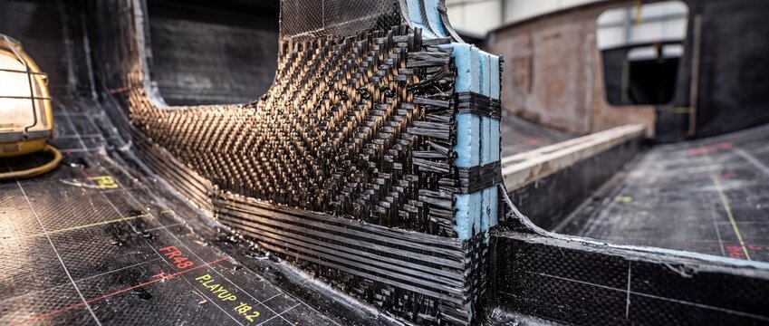 Carbon fiber composite structural rib reinforcement with blue foam core showing advanced layered material technology in high performance boat building