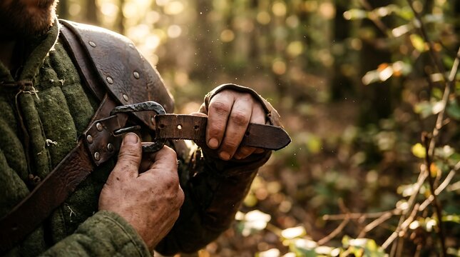 Medieval warrior adjusting leather armor strap in sunlit forest