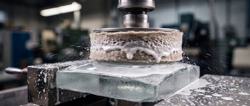 Precision grinding of glass block with industrial tool and coolant spray on workbench detail industrial manufacturing
