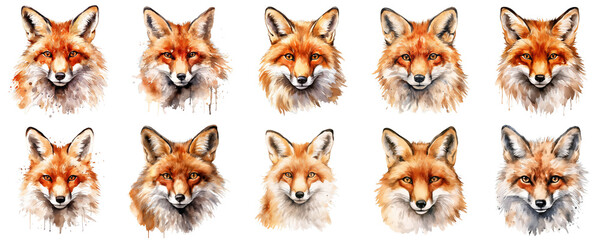 Fototapeta premium Watercolor fox head seamless pattern shows orange, brown and white animal in a repeating design
