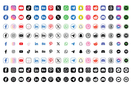 Complete 2026 social media icon collection featuring the latest social network logos. Facebook, Instagram, YouTube, TikTok, LinkedIn, Behance, Pinterest, X