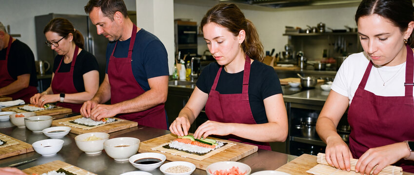 Sushi making class in commercial kitchen where focused adult students assemble fresh salmon rolls with cucumber and rice, learning Japanese cuisine techniques during workshop