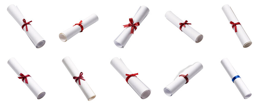 Collection of diploma scrolls tied with red ribbon against a dark backdrop