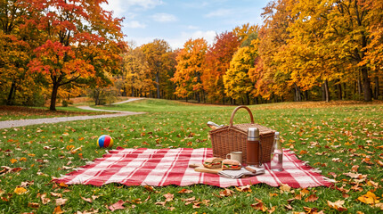 紅葉の公園に広げられた家族のピクニックセット