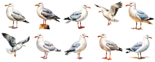 Obraz premium Various hand drawn seagulls in different poses on a black backdrop illustration