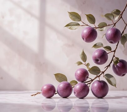 Ripe Purple Plums on Branch with Green Leaves in Soft Natural Light