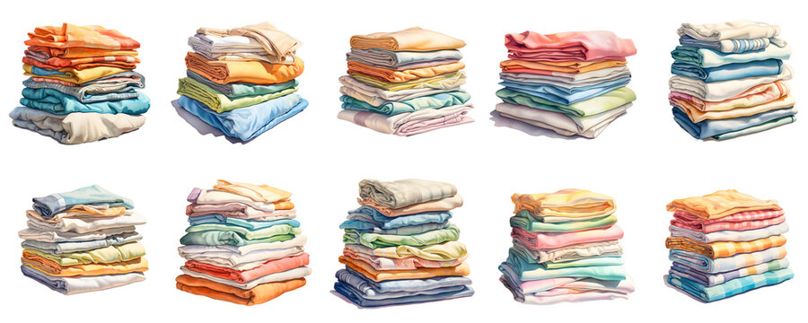 Stacks of colorful folded laundry add a touch of domestic order to the scene