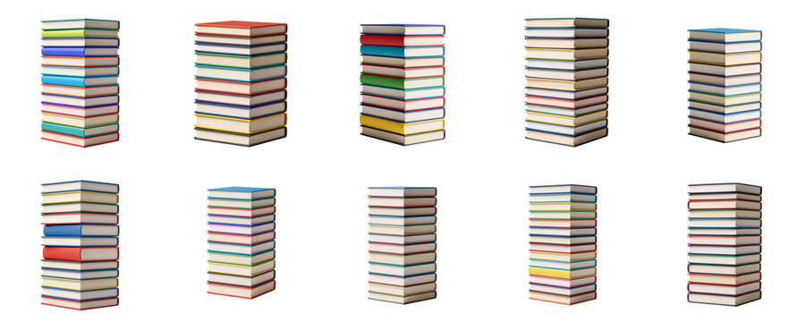 Ten stacks of colorful books standing tall on a black background are presented