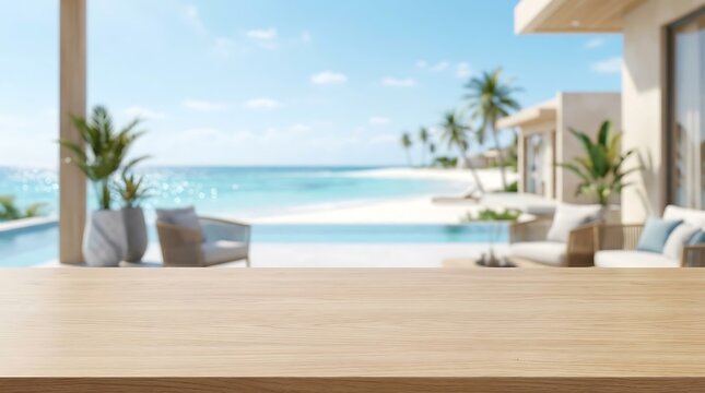 Empty wooden table top foreground with blurred tropical beach resort background for premium product display banner space