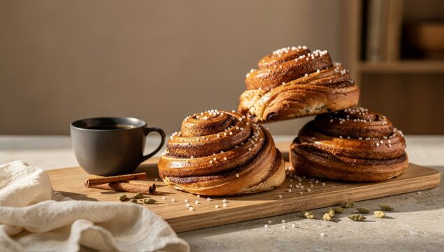  Fresh Swedish cinnamon buns, coffee, linen and warm sunlight, authentic Scandinavian fika setting for cinnamon bun holiday content
