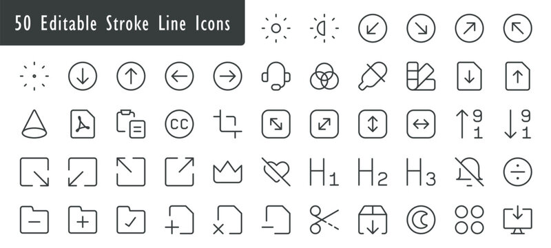 Minimalist 50 editable stroke line icons set, user interface UI UX line symbols, modern website graphic vector element pack