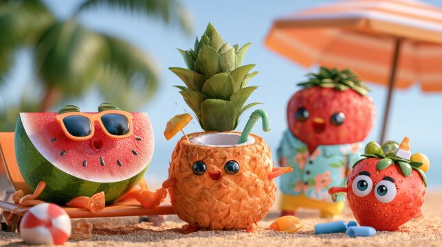 Watermelon with sunglasses relaxes on a beach, while a pineapple wears a shirt, a coconut drinks from itself, and a strawberry applies sunscreen.