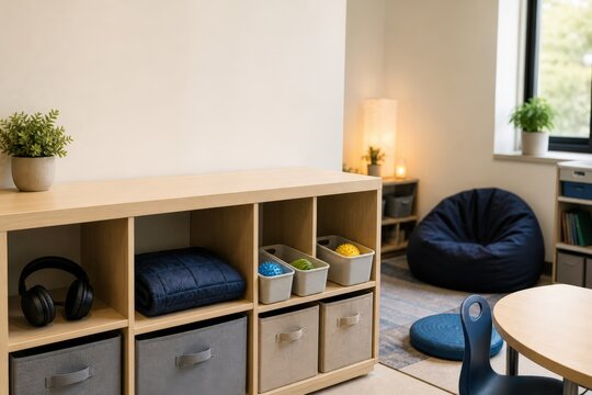 Middle school sensory room cubbies with separated headphones and lap pad beside textured objects