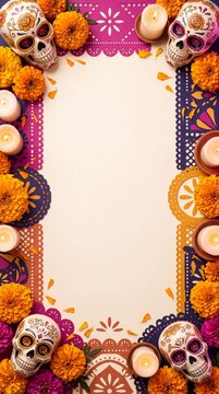 Dia de los Muertos festive frame with sugar skulls marigold flowers and candles on paper background