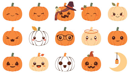 Obraz premium Cute Halloween Pumpkin Vector Set Jack O Lantern Expressions Witch Hat Glasses and Angel Pumpkin Clipart
