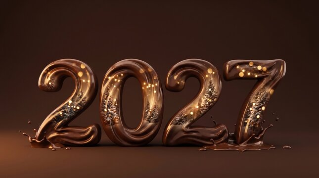 Double exposure concept of 3D numbers 2027 made of glossy liquid chocolate blended with a magical winter holiday forest background.