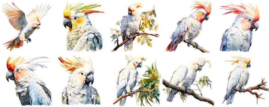 Collection of cockatoo parrots in various poses and colors, set against a dark background
