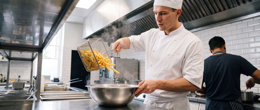 Chef pouring french fries into bowl in a commercial restaurant kitchen, transferring hot crispy potatoes from a metal deep fryer basket for fast food service and culinary concepts