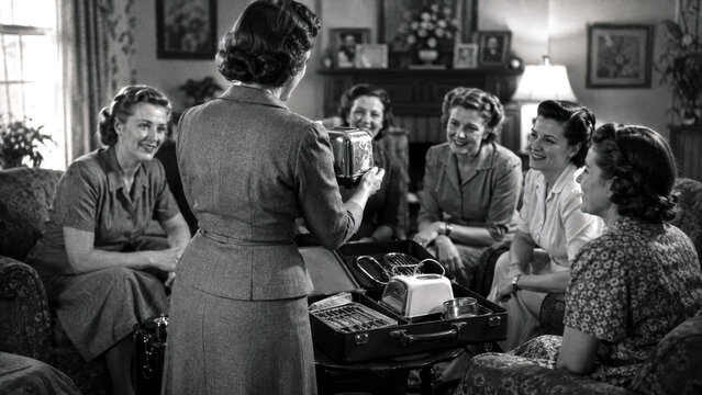 Women gathering in a living room for a vintage home product demonstration in a black and white mid century scene