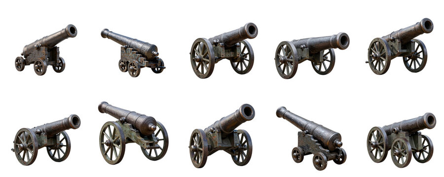 Collection of antique cannons showcases historical artillery pieces on a black backdrop