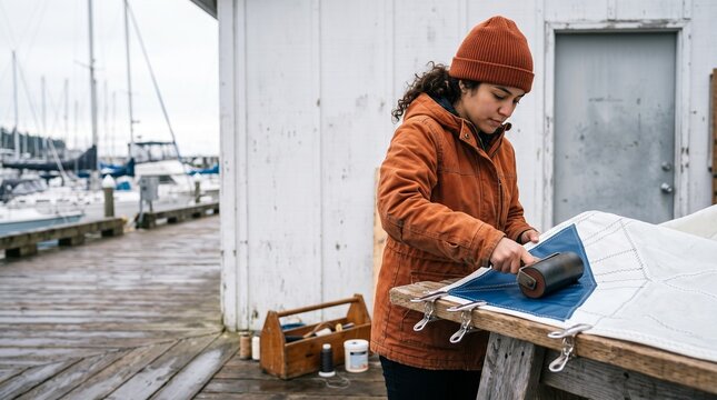Sailmaker bonds a reinforcement layer on the harbor pier