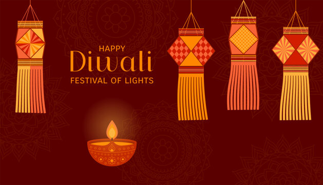 Diwali burning diya oil lamp, kandil paper lanterns, rangoli pattern illustration. Indian festival of lights decorations, Dipavali beautiful design with text for banner, poster, card. Vector elements