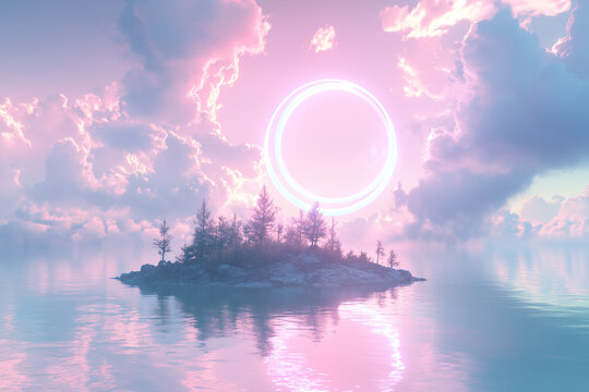 neon ring sun surface theme expressed through surrealism and aethereal. Vibrant illustration presenting cloudy and aquatic. Featuring red, reflective, dreamy, shine and celestial.
