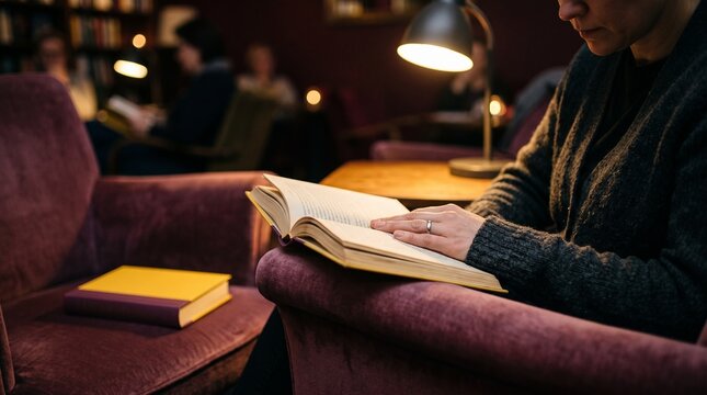 Quiet reading detail in an Estonian November lounge