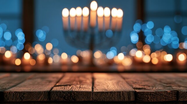 An empty wooden table surface is in front with a blurred Hanukkah menorah glowing behind it and blue and gold lights in the background.