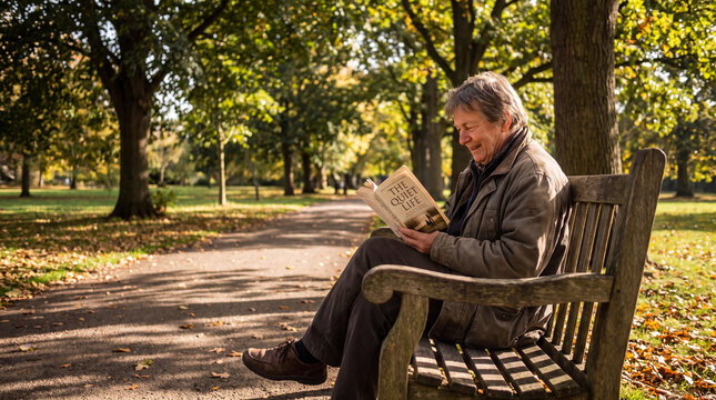 Senior woman sits alone on a wooden park bench while reading a book during a crisp autumn afternoon in the woods.