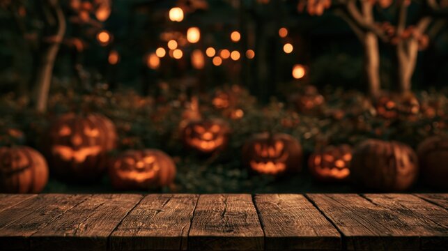 Wooden table surface is empty in the front, while behind it, jack-o-lanterns glow in a garden setting on Halloween night.