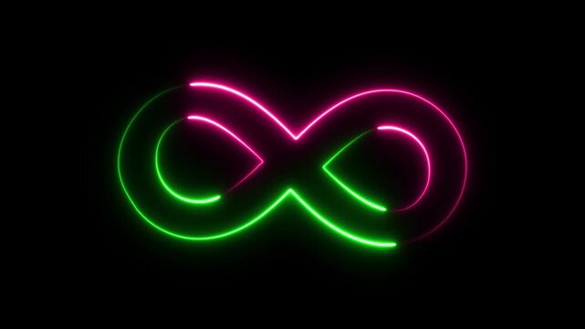 Pink and Green Neon Infinity Symbol Glowing on Black Background 4k video.