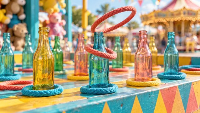 Colorful Ring Toss Carnival Game with Glass Bottles at Outdoor Amusement Fair