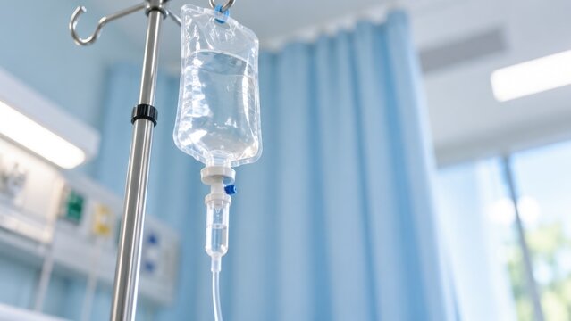 Intravenous Fluid Bag Hanging on IV Stand in Modern Hospital Patient Room