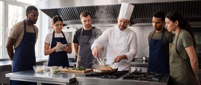 Chef teaching a culinary class to students in a professional stainless steel kitchen, demonstrating frying technique on a gas stove for restaurant business and hospitality training
