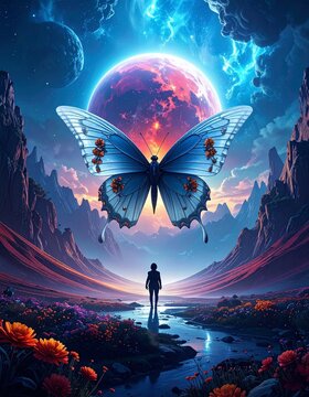 A butterfly set against a fantasy-inspired landscape.