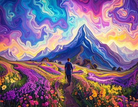 A painting depicting an individual traversing a rural landscape with a mountain in the background.
