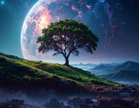 A fantasy-themed landscape featuring a solitary tree in a grassy field. 