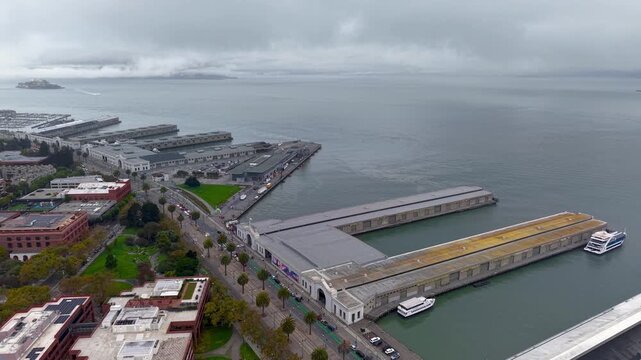 Aerial view of San Francisco Embarcadero and Alcatraz Island