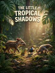 Fototapeta premium Little tropical shadows featuring baby tapir frog toucan and anteater in dense jungle for exotic wildlife storybook background.