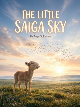 Little saiga antelope standing in vast grassy steppe at sunset with flying bird flock sky for heartwarming children story book.