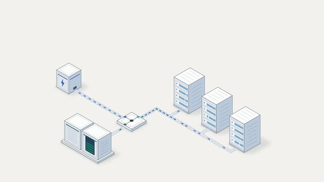 Data center infrastructure with servers and power unit connected by network cables in isometric view