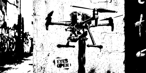 Black and white stencil graffiti of a drone on an urban wall with text © XUB 