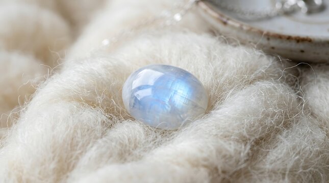 Oval moonstone cabochon resting on soft white wool fabric