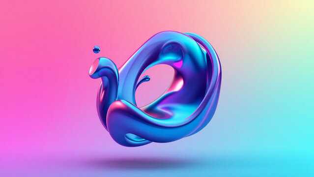 Abstract 3D Liquid Splash Shape with Glossy Blue and Pink Metallic Gradient on Pastel Background