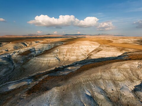 Aerial view of the arid landscape and rocky hills of Sivrihisar, Eskisehir, Turkey.