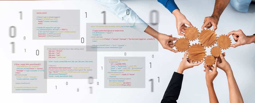 Diverse hands teamwork on a creative project with coding and binary elements, showcasing innovation and collaboration in a modern office environment. Trope