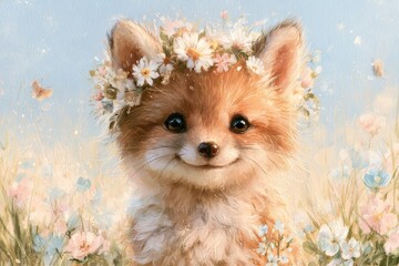 Fototapeta premium Adorable fox cub with floral crown in pastel spring garden, gentle storybook illustration for kids