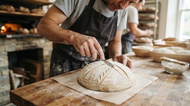 Artisan Baker Scoring Round Sourdough Bread Dough in Traditional Bakery Workshop